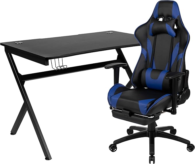Flash Furniture Optis Black Gaming Desk and Blue Footrest Reclining Gaming Chair Set with Cup Holder, Headphone Hook & 2 Wire Management Holes
