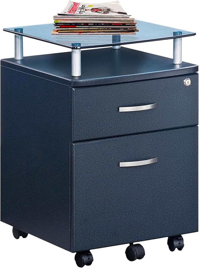 2-Drawer Rolling File Cabinet with Lock and Glass Top, Under Desk File Cabinet with Wheels, Printer Stand, Graphite Black