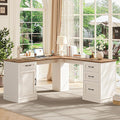 Farmhouse 59" L-Shaped Executive Desk with Drawers, Wood Home Office Corner Desk with Charging Station, File Drawer, Storage Cabinet, Rustic Computer Writing Desk for Home Office (Unique White)