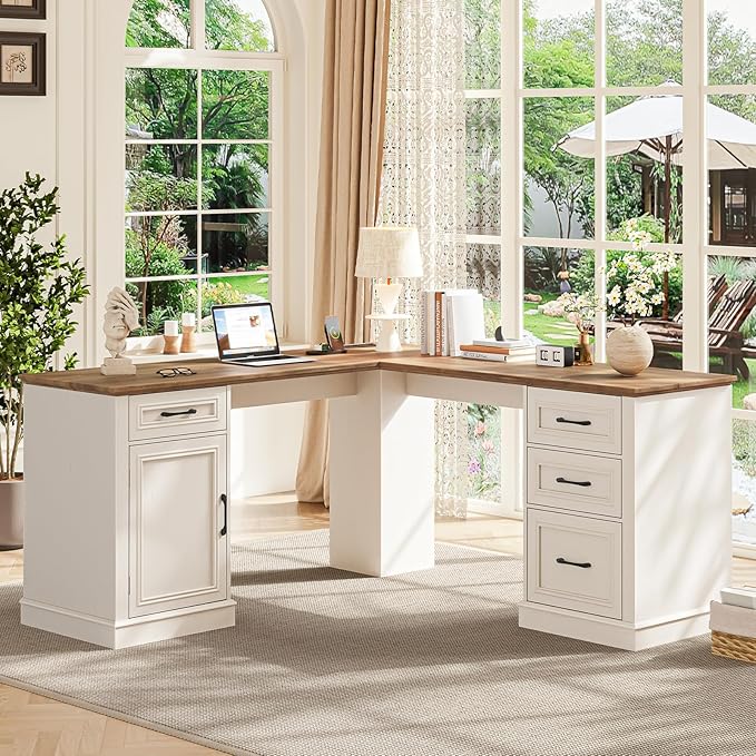 Farmhouse 59" L-Shaped Executive Desk with Drawers, Wood Home Office Corner Desk with Charging Station, File Drawer, Storage Cabinet, Rustic Computer Writing Desk for Home Office (Unique White)