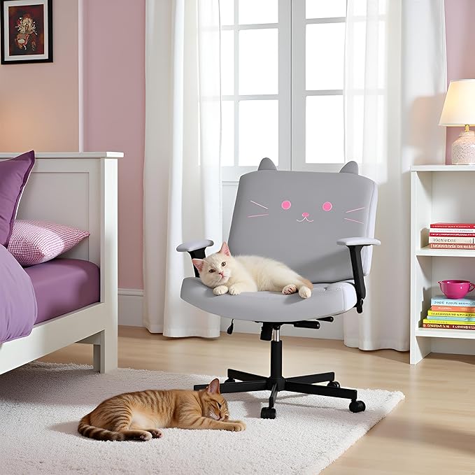 HOMREST Criss Cross Chair with Arms and Castors, Plus Size Cross Legged Office Chair with Extra Wide Seat&Flexible Back Cushion, Cute Comfy Desk Chairs for Home Office, Vanity, Gaming,Reading(Gray)