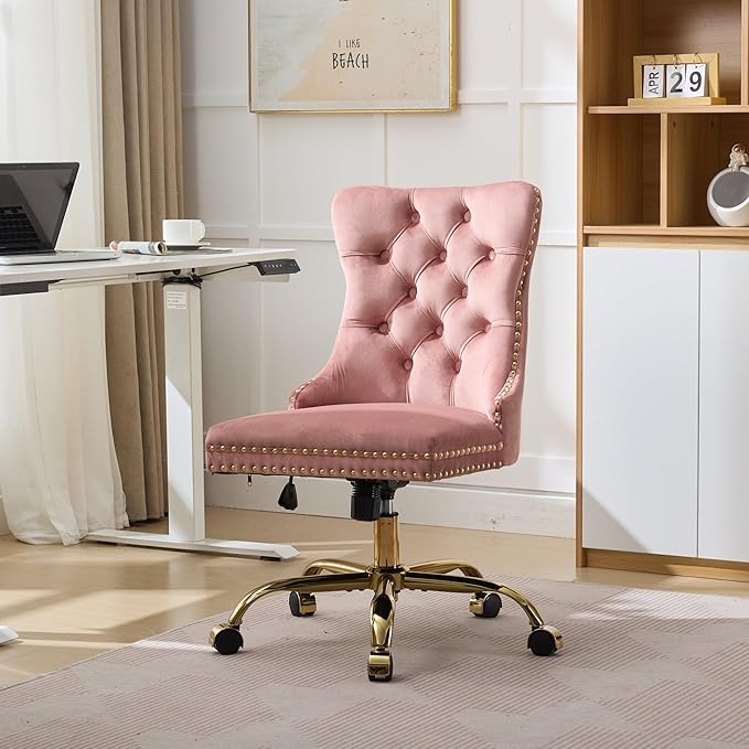 Goujxcy Desk Chair, Modern Velvet Upholstered Tufted Button Home Office Chair, 360° Swivel Armless Desk Chairs, 120°Rocking Ergonomic Computer Task Vanity Chairs, Pink