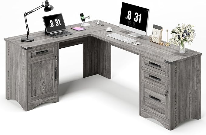 Decofy 67" Farmhouse L Shaped Standing Desk with Drawers Home Office Executive Desks with Fast Charging Station, Lockable File Cabinet, Wood Writing Computer Desk for Work, Study, Grey