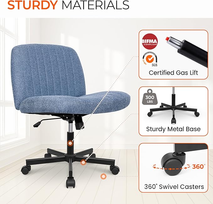 Orange Factory Criss Cross Chair Wheels Wide Cross Legged Office Desk Vanity Chair Comfy Fabric Armless Adjustable Swivel for Home Computer Task (Blue Wheel, Fabric)