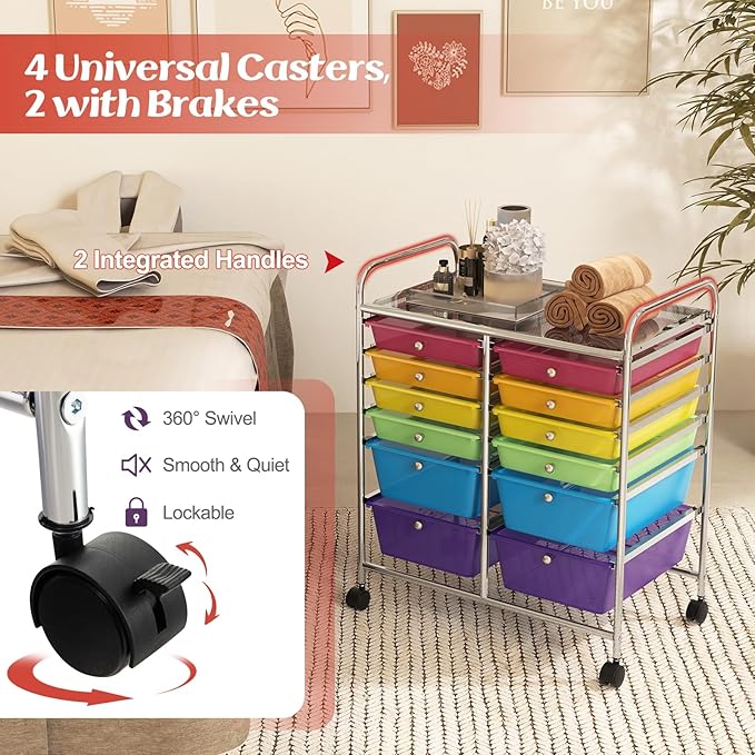 Moccha 12-Drawer Rolling Storage Cart - Utility Cart on Wheels with Lockable Casters for Craft Art Supply Paper Salon, Mobile Drawer Carts for Classroom Teacher School Office (Rainbow)