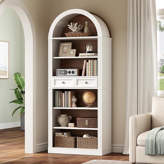 RALGEND Arched Bookshelf Set of 2, 73" Tall Arch Bookcase with Drawers, 6-Tier Farmhouse Book Shelf, Wooden Bookshelf with Open Display Shelves for Living Room, Office, Walnut and White