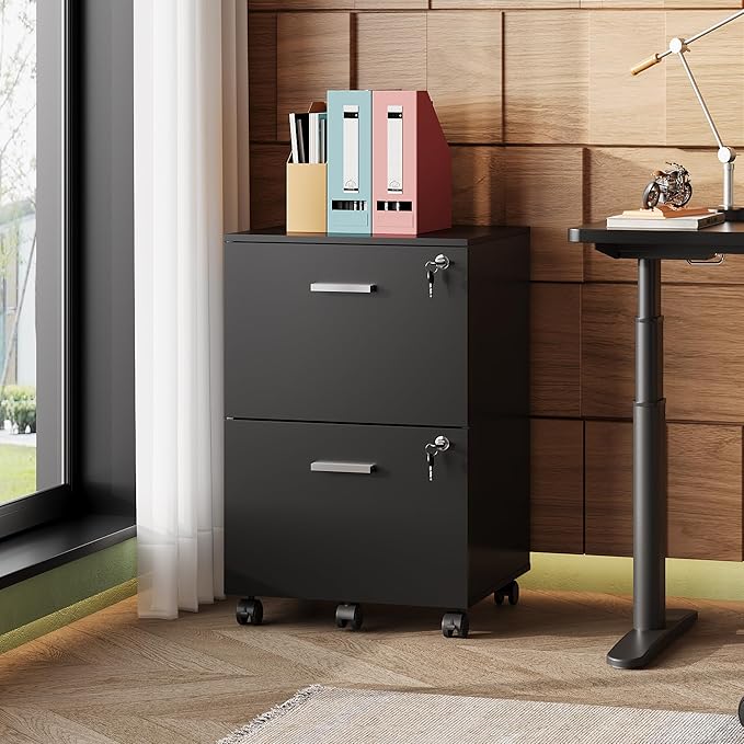 DEVAISE 2 Drawer File Cabinet, Mobile Printer Stand, Wood Filing-Cabinet fits A4 or Letter Size for Home Office, Black