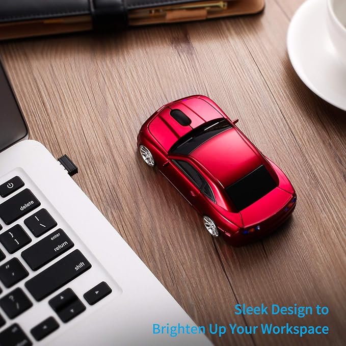 Wireless Car Mouse [Updated] with LED Headlights, 1600 DPI Sports Car Shaped Mouse for Mac, Computers, Red