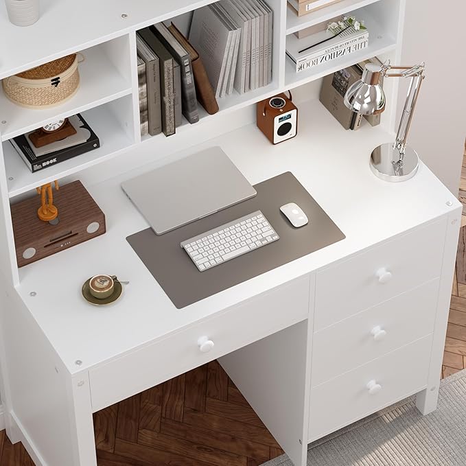 40" Home Executive Desk and Upholstered Chair Set with Bookshelf,Vintage Style Computer Desk with 4 Drawers & Storage Shelf,Study Set for Office, Bedroom or Living Room (White)