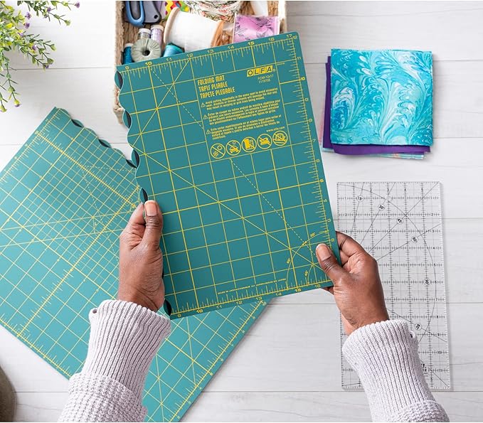OLFA 12" x 17" Folding Cutting Mat (FCM-12x17) - Self Healing 12x17 Inch Foldable Rotary Mat with Grid for Quilting, Sewing, Fabric, & Crafts, Use with Rotary Cutters & Fixed Blade Knives (Green)