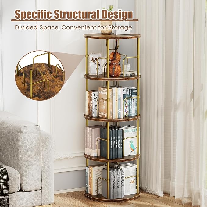ALLSTAND Rotating Bookshelf, 4 Tier Spinning Bookshelf Tower, 360° Display Unique Round Bookcase, Floor Standing Corner Revolving Bookshelf Storage Organizer for Small Spaces, Home Study Office, Gold