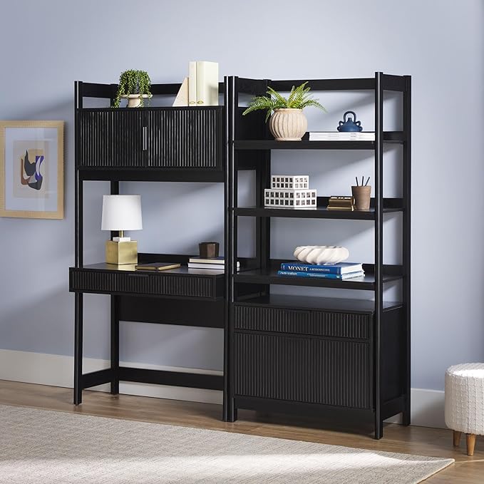 Walker Edison Transitional 2-Piece Hutch Desk with Wide Bookcase, Reeded Drawer Fronts, Built-in outlets and USB Ports, Set of 2, Black