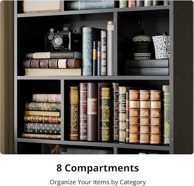 IRONCK Book Shelf, Tall Bookshelf with Storage, Bookshelves and Bookcases with Doors, 4-Tier Bookcase with 8 Open Cubes for Living Room, Office, Study, Black