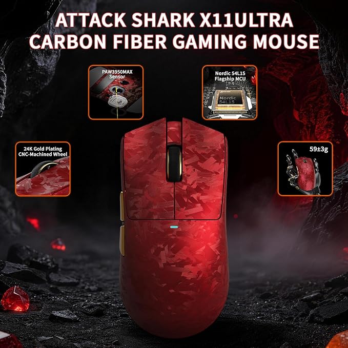 ATTACK SHARK X11 Ultra 8K Carbon Fiber Wireless Gaming Mouse,Nordic 54L15 MCU,PAW3950MAX Sensor,59g Superlight,42000 DPI,BT/2.4Ghz/Wired Mouse with 100 Million Clicks,Programmable for Pc/Mac,Red