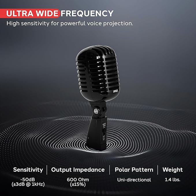 Pyle Classic Retro Dynamic Vocal Microphone - Old Vintage Style Unidirectional Cardioid Mic with XLR Cable - Universal Stand Compatible - Live Performance, In Studio Recording, Black