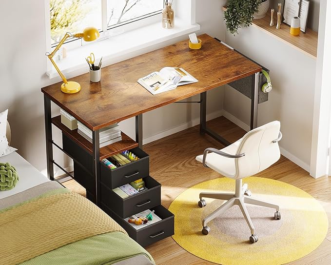 AODK 40 Inch Small Computer Desk with Fabric Drawers, Kids Study Desk for Bedroom, Home Office Desk with Storage Shelf & Bag for Small Space, Vintage