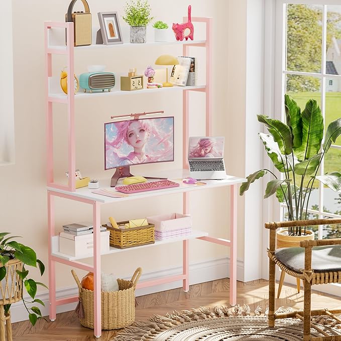 Aquzee Computer Desk with Hutch, 40“W x 19.6" D Desk with Shelves, Tall Home Office Desk with Bookshelf, Metal Legs Study Table with Upper Storage Shelf for Study Writing/Workstation, Pink