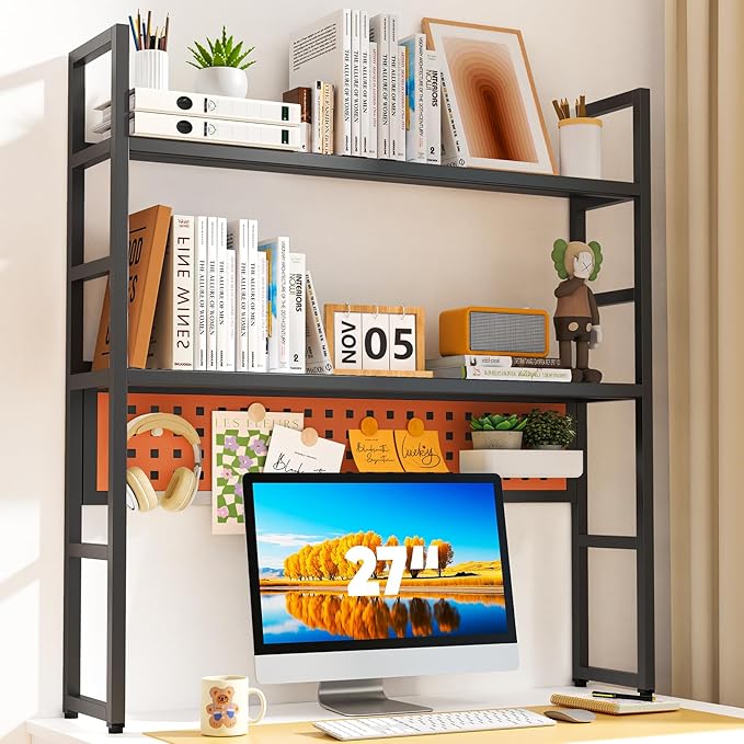 Brakki Desk Shelf, 35.43" Desk Hutch Bookshelf, Desktop Shelf with Pegboard for Computer Monitor, Metal Desktop Hutch Storage Organizer for Dorm Home Office, 2 Tier Bookcase, Black
