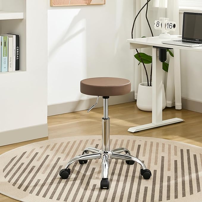 FIRAVOE Adjustable Office Stool with Wheels 19.5"-26.6", Brown Thick Cushion Backless Rolling Chair (Coffee Brown)
