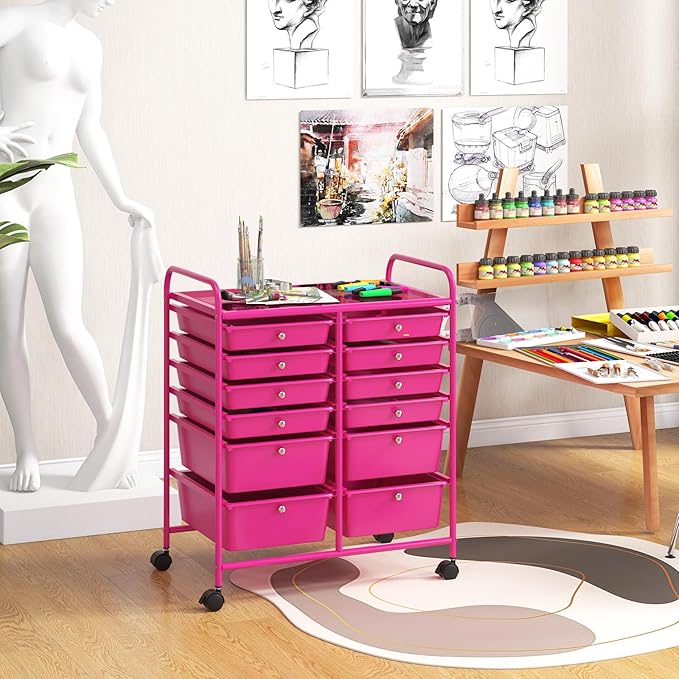 Moccha 12-Drawer Rolling Storage Cart - Utility Cart on Wheels with Lockable Casters for Craft Art Supply Paper Salon, Mobile Drawer Carts for Classroom Teacher School Office (Hot Pink)