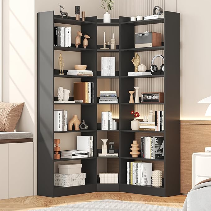 Semoic 70.8" Tall Corner Bookshelf, 7 Tiers Large Etagere Bookcases with Baffles, L-Shaped Modern Storage Display Rack Industrial Bookshelves for Bedroom, Home Office, Living Room & Kitchen, Black