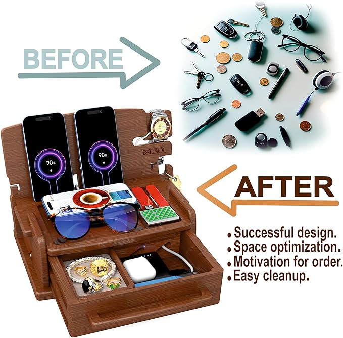MED Wood Phone Docking Station with Drawer - Nightstand Organizer (Dark Walnut)