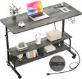 Armocity Rolling Standing Desk with Power Outlets, 47" Manual Height Adjustable Mobile Computer Desk with Wheels, Portable Sit Stand Laptop Couch Table for Bed & Sofa Home Office, Grey Oak