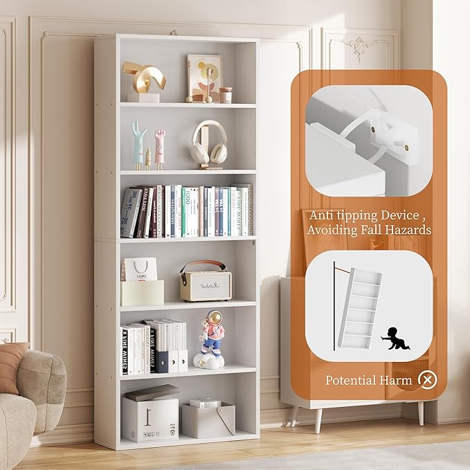 Vongrasig 6-Tier Open Bookcase and Bookshelf, Floor Standing Wood Display Storage Shelves 71 Inch Tall Bookcase Home Decor Furniture for Home Office, Living Room, Bed Room, White, 2 Pieces