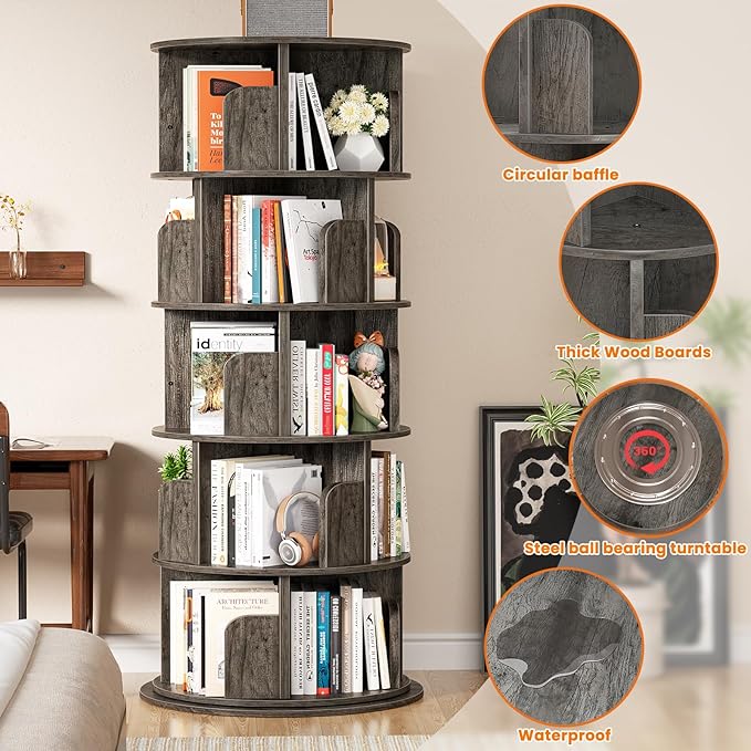 Besiost Rotating Bookshelf Tower, 5 Tier Spinning Bookcase, Revolving 360 Book Shelf Narrow Tall Bookcase, Vertical Turning Round Bookshelf Organizer, Wood Corner Book shelf for Small Space, Black Oak