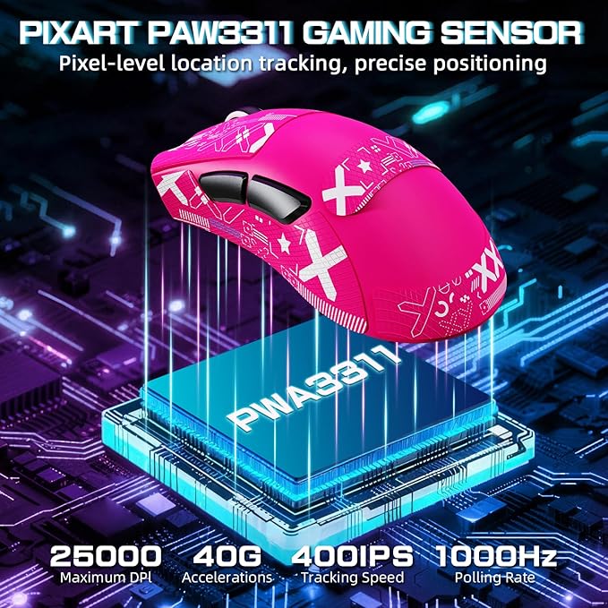 ATTACK SHARK V3PRO Wireless Esports Gaming Mouse with Magnetic Charging Dock:62g Lightweight-1K Polling-25K DPI-PAW3311 Sensor,Wired/BT/2.4Ghz Programmable,BK52820 IC for PC Mac Gamer(Berry Red+Tape)