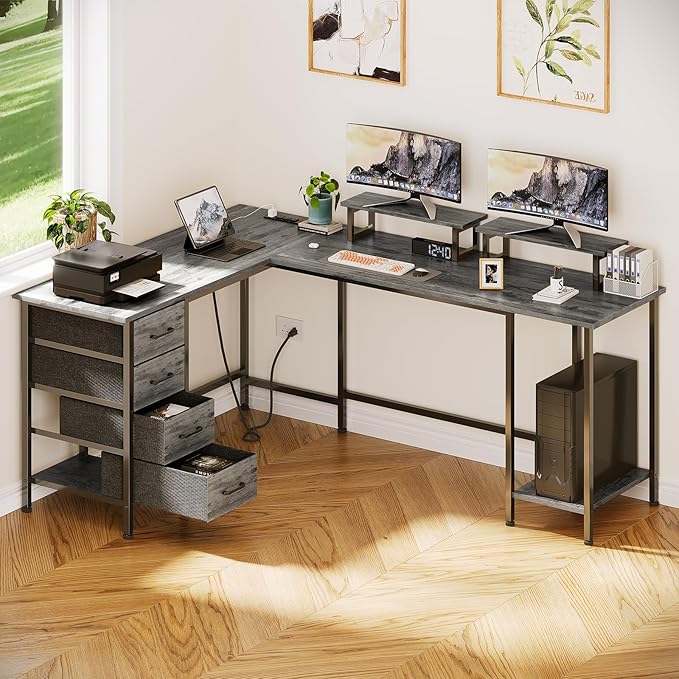 Korfile 66" L Shaped Computer Desk, 94.4'' Home Office Desk with Power Outlets, 4 Adjustable Storage Drawers & 2 Monitor Stands, Large Two Person Gaming Table for Writing Study, Grey