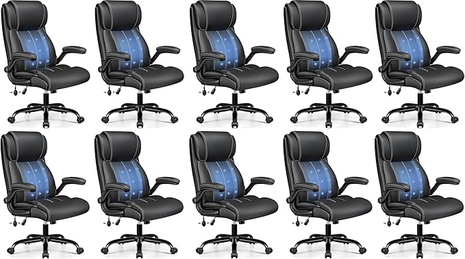 BESTFAIR Ergonomic Office Chair - Desk Computer Chair, Leather High Back Executive Chairs with Adjustable Lumbar Support & Flip Up Arms, Black 10 Pack