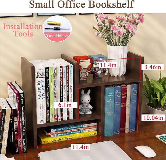 VOVCIG Desktop Organizer Expandable Office Storage Rack Adjustable Wood Display Shelf Rack Small Bookshelf Office Supplies Storage Shelf, 5 Units(Dark Brown)