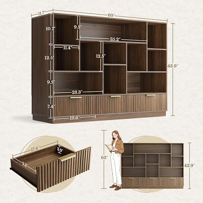 Home Office Furniture Set, 67'' Standing Desk with 44'' Bookshelf, Electric Height Adjustable Desk with 2 File Cabinet, AC/USB and Bookcase with 3 Drawers, Fluted Style Black Walnut