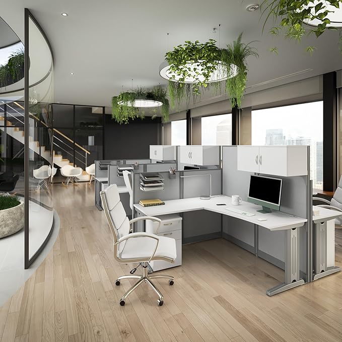 Bush Business Furniture Office in an Hour 4 Person L Shaped Cubicle Desks with Storage, Drawers, and Organizers in Pure White