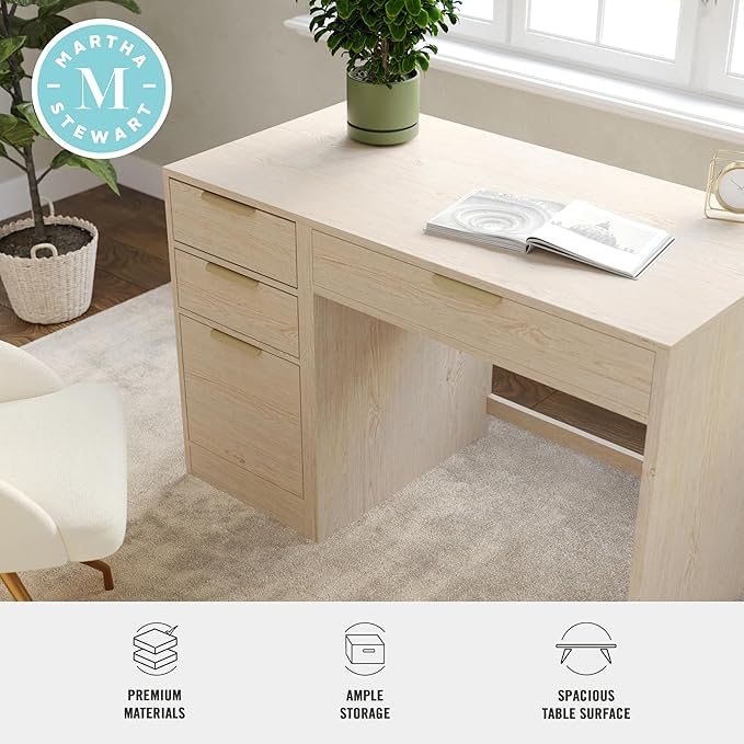 Martha Stewart Kayden Home Office Modular Desk with Drawer and 3 Drawer File Cabinet in Light Natural with Brushed Gold Hardware