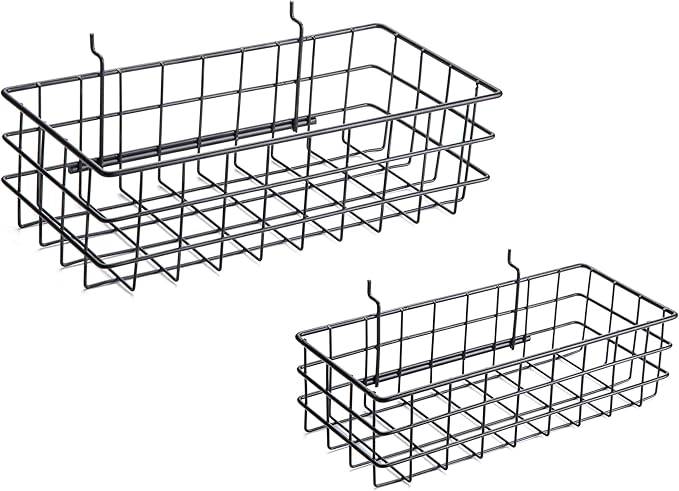 Pegboard Basket Set of 2, Medium + Small Size Basket, Black - Hooks to Any Peg Board - Organize Tools, Workbench, Accessories, Garage Storage - Wall Organizer Attachments