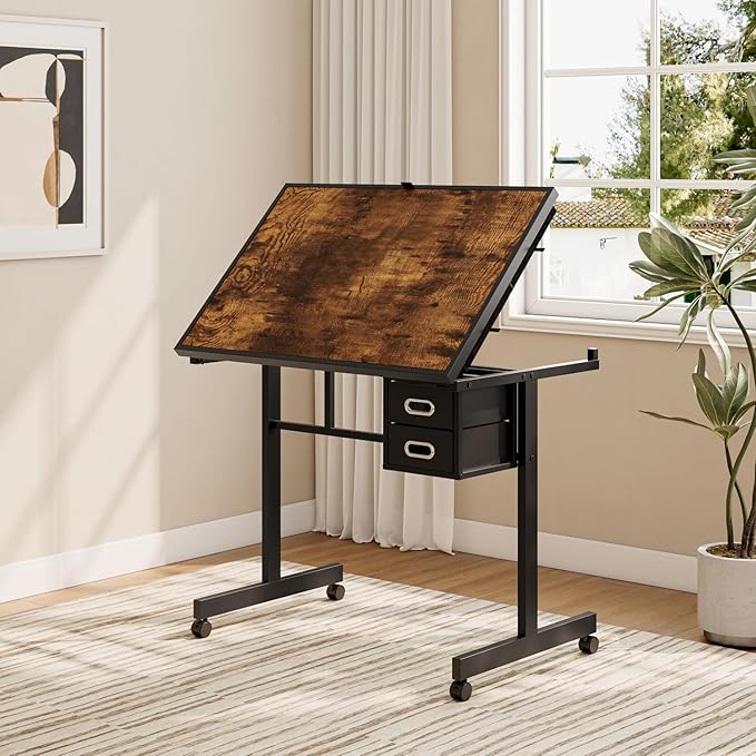 Drafting Table Art Table on Wheels with Storage Drawers & Side Trays - Adjustable Drawing Table Tilted Tabletop, Crafting Desk with Storage for Artist Painters Home Office (Black D)