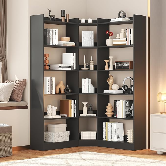 Semoic 6 Tiers Corner Bookshelf and Bookcase with Baffle, 63.1" Tall Modern L-Shaped Storage Display Book Shelf Industrial Bookshelves for Bedroom, Living Room, Kitchen, Home Office, Black