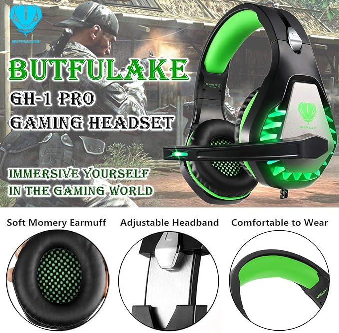 Gaming Headset for PS4, Xbox One, PC, PS5, Laptop, Mac, for Nintendo Switch, 3.5MM Noise Cancelling Over Ear Headphones with Mic, Bass Surround, Soft Memory Earmuffs Green