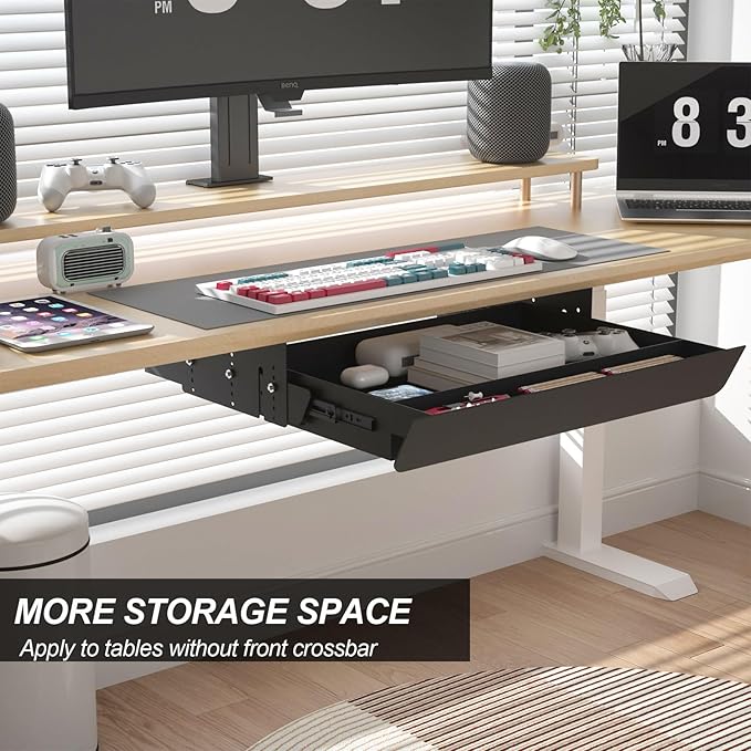 Under Desk Mounted Sliding Pull-Out Drawer Height Adjustable Apply to Tables with Front Crossbar,Adjustable Clearance Up to 3.5",Compatible with Most Stand Up Workstation