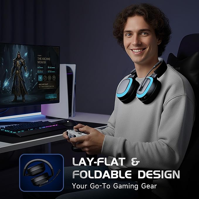 2.4Ghz Wireless Gaming Headset for PS5, PS4, PC, Mac, Bluetooth 5.4 Gaming Headphones with Noise Canceling Mic, 70H Battery, Surround Sound, Lay-Flat & Foldable - Black