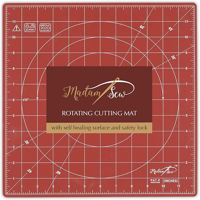 Madam Sew 360 Degree Rotating Self Healing Cutting Mat for Crafts, Sewing, and Quilting – 12x12 cutting matts for sewing Lockable Non-Slip Base and Accurate Grid and Bias Lines for Precise Cuts