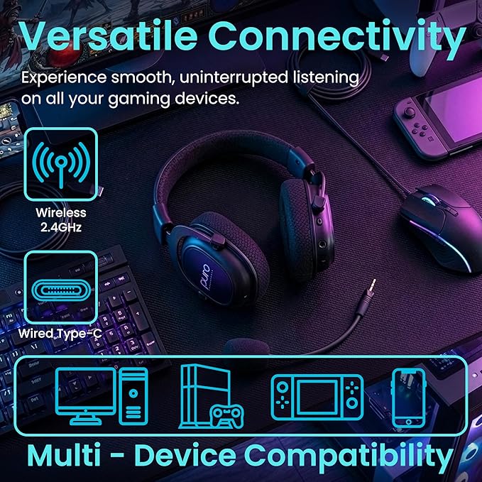 Puro Sound Labs Wireless Gaming Headset - Easy to Pair with 2.4GHz USB, Volume-Limited, Tri-Mode Connectivity, Detachable Mic, 32-Hour Battery, Wireless Headphones with mic for PC- PuroGamer-BT, Black