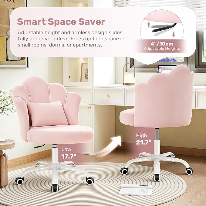 BestGlory Petal Vanity Chair with Wheels, 3.15" Extra Thick Comfy Makeup Chair, Adjustable Modern Swivel Armless Desk Chair for Girls Women, Aesthetic Small Office Chair for Bedroom Dorm