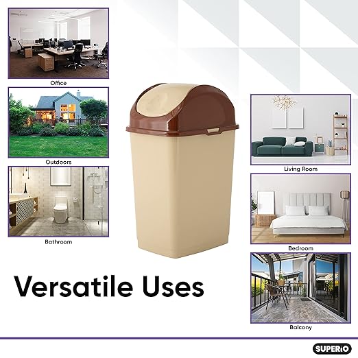 Superio Medium Trash Can with Lid 4.5 Gallon Plastic Swing Top Garbage Can Slim Waste Bin for Under Sink/Cabinet, Laundry Room, Kitchen, Office, Bedroom, Bathroom, College Dorm, 18 Qt, Beige