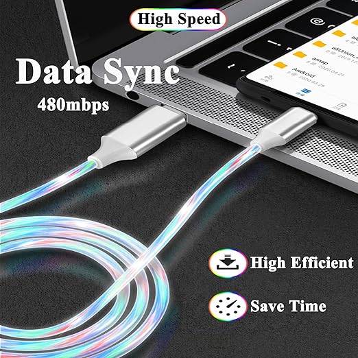 USB C to USB C Cable 3A Light Up C to C Cable LED C to Type C Fast Charging Cord for Samsung Galaxy S23 S22 S21 S20 Ultra, i-Phone 15 Pro Max Plus, iPad mini Pro Air(3.3FT,Colorful)