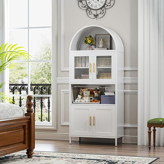 VEXPOR 73" Tall Arched Kitchen Pantry Cabinet with Doors, Metal Arched Hutch Cabinet for Kitchen, Dining Room, Living Room, Assembly Required, White