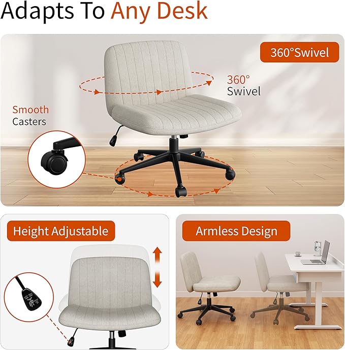 Meilocar Criss Cross Chair with Wheels, 26" Wide Cross Legged Office Chair with Adjustable Height, Armless Fabric Swivel Vanity Chair for Home Office, Bedroom, Makeup & Long Hours Sitting (Beige)