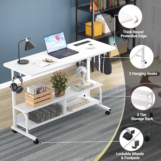 Armocity Rolling Standing Desk with Power Outlets, 47" Manual Height Adjustable Mobile Computer Desk with Wheels, Portable Sit Stand Laptop Couch Table for Bed & Sofa Home Office, Whtie